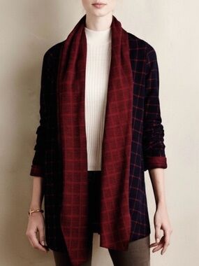 Sanctuary Anthropologie Windowpane Wrap Cardigan Jacket Navy Red XS Petite